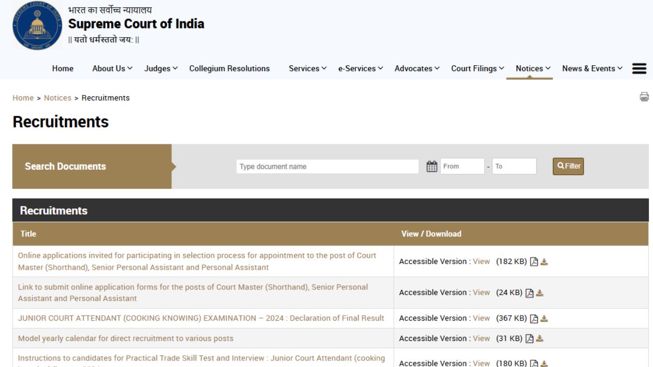 SCI Recruitment 2024 notification banner highlighting 107 vacancies for PA, Sr. PA, and Court Master posts.